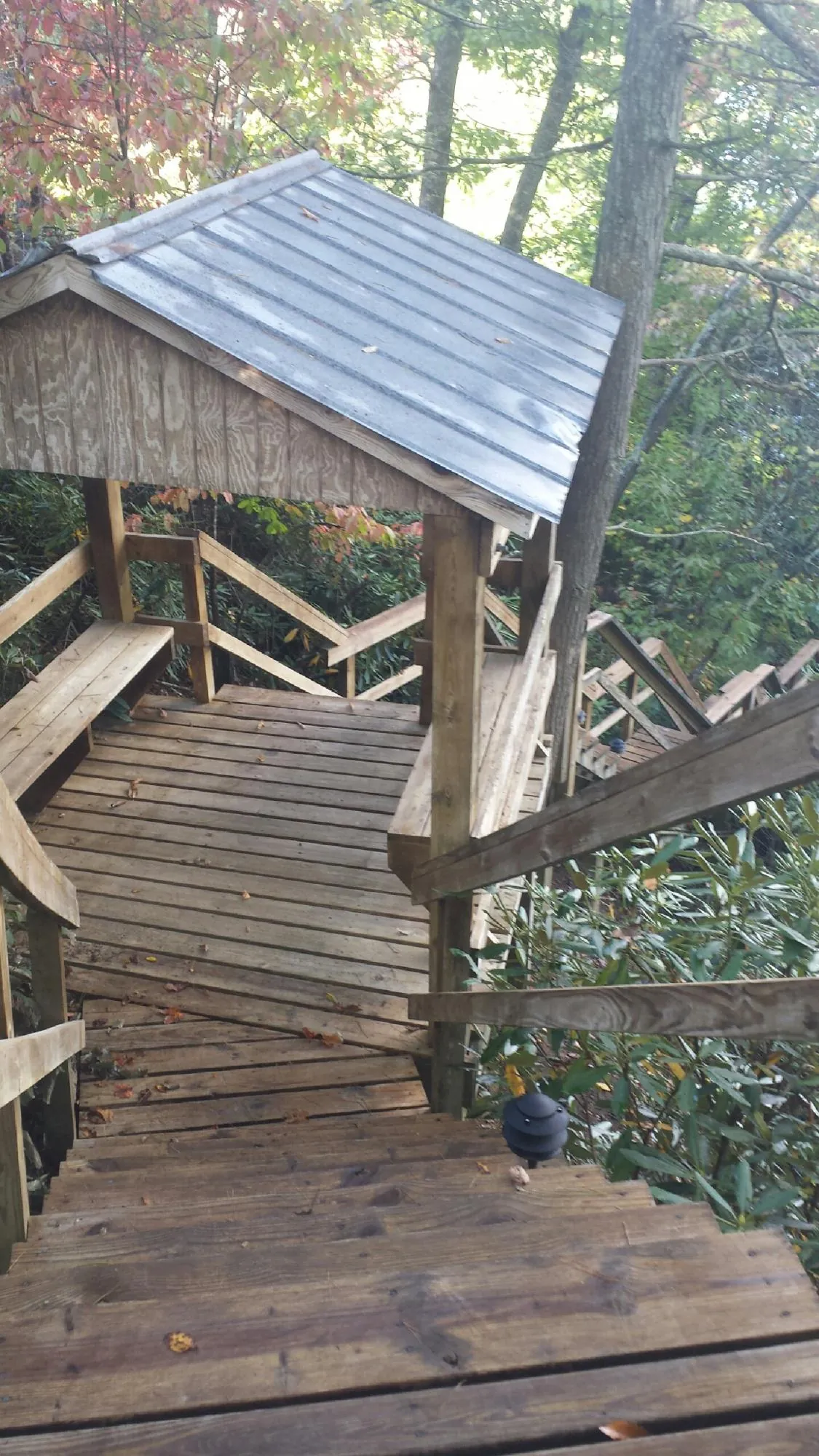 Metal roofed shelter over wooden steps on a wooded walkway — Skylight Repair & Installation work by our crew in Imbler